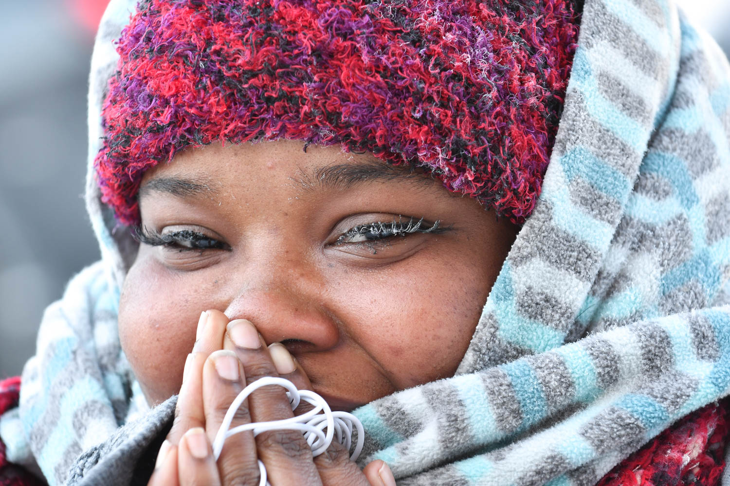 Ice forms on the eyelashes of Aubreyanne Edwards, of Rock Island, as she braves minus 27 windchill while walking to The Fort Armstrong Wednesday, Jan. 30, 2019, in Rock Island. (Todd Mizener - Dispatch/Argus)  