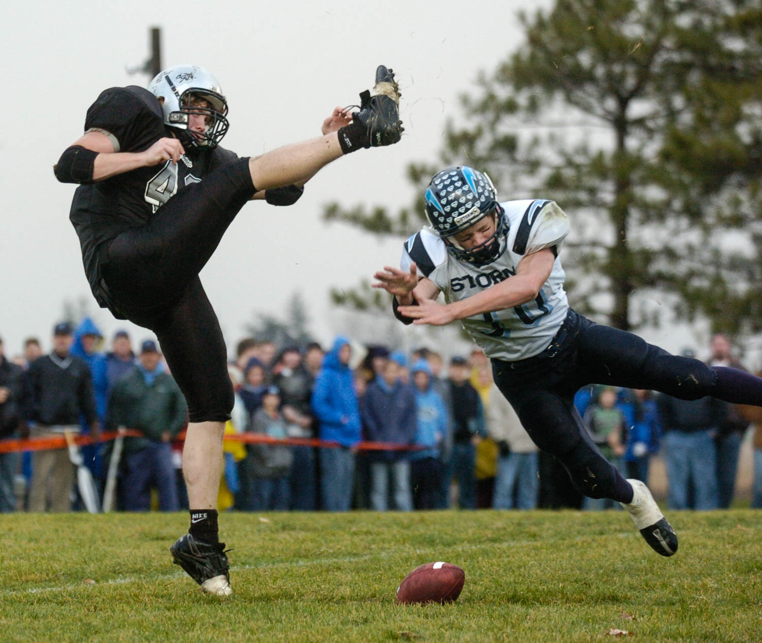 Bureau Valley’s Reid Nodine blocks a punt attempt by A&R’s Chase Anderson early in the second quarter of their IHSA Class 3A quarterfinal playoff game Saturday in Oneida. The Storm later converted the punt block into a 3-yard touchdown run by Nodine. Bureau Valley defeated the A&R Bulldogs 22-14.  (Todd Mizener - Dispatch/Argus)